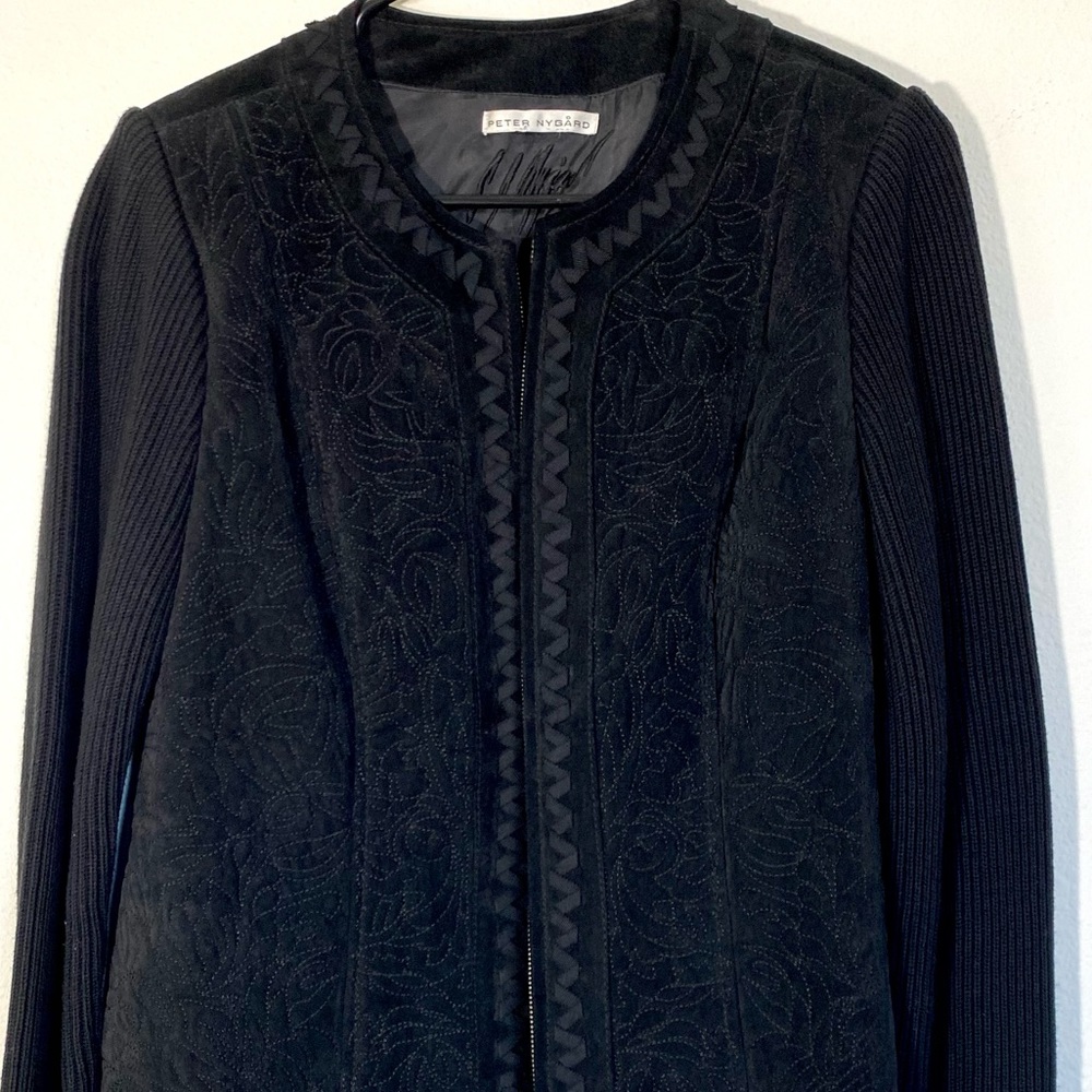 Vintage Suede Jacket Leather Embroidered Stretch Shacket Zipup Top